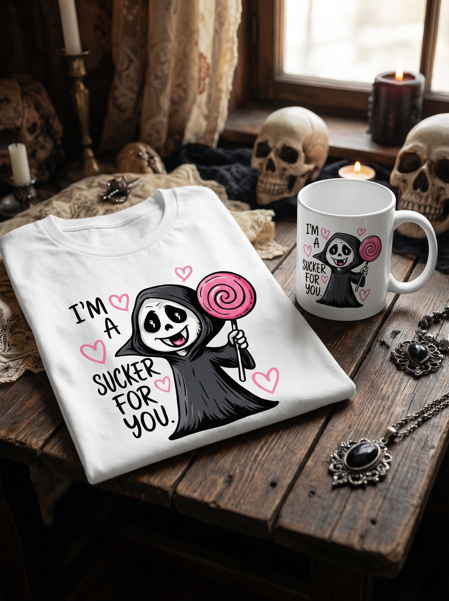 Gothic Bundle „I’m a sucker for you“ – Damen Bio T-Shirt + Tasse im Set