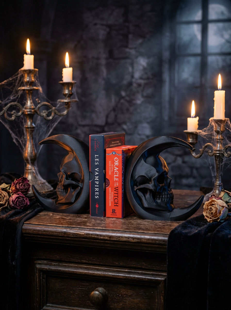 Gothic Totenschädel Buchstützen – Dark Moon Skull Bookends im Gothic Stil (3D-Druck)