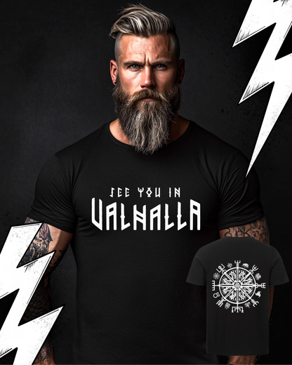 Premium T-Shirt Unisex "See you in Valhalla" Wikkinger Kompass Doppelter Print