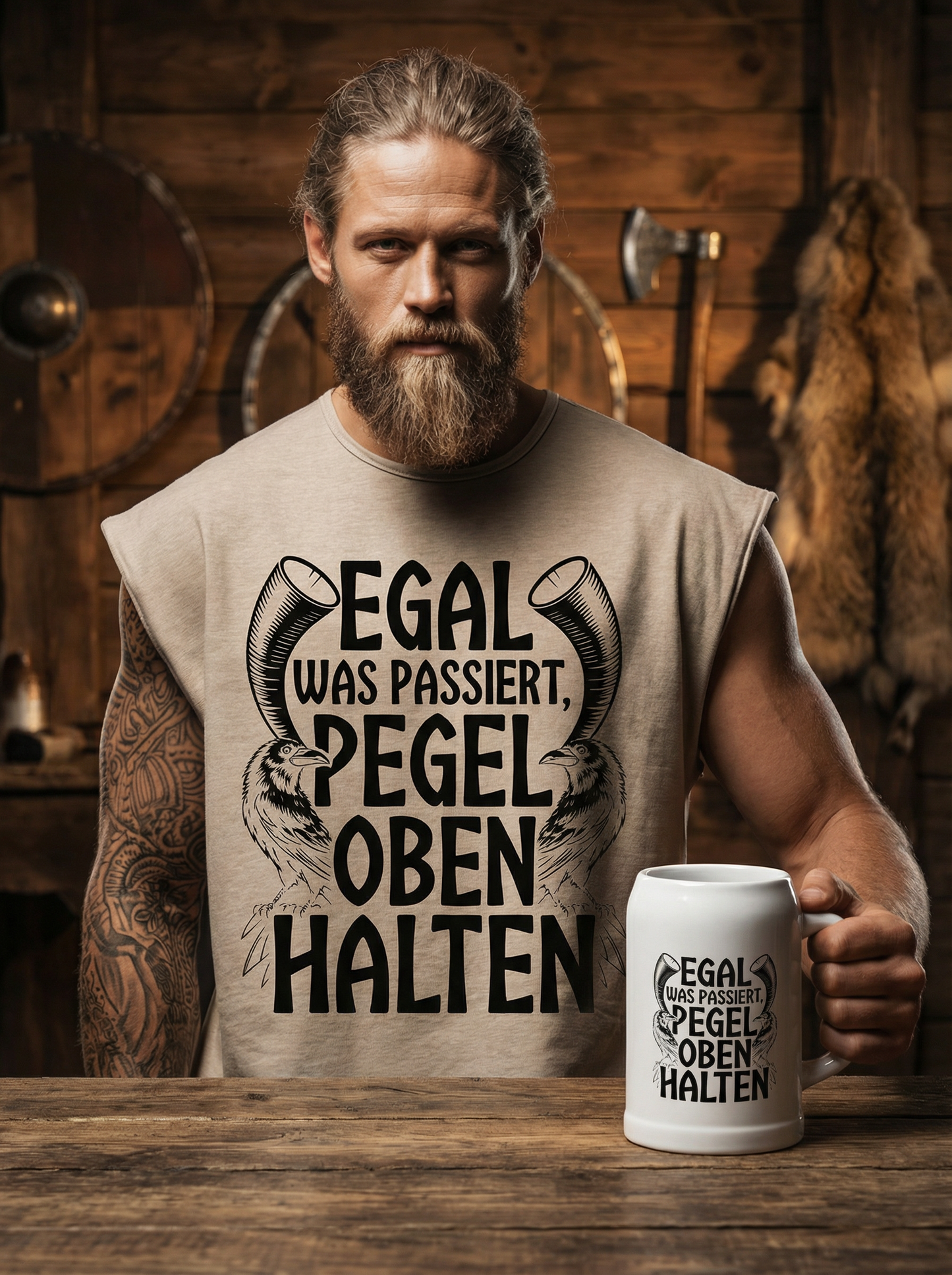 Egal was passiert Pegel oben halten - Wikinger Sparset – Oversize Sleeveless Shirt + Bierkrug im Bundle