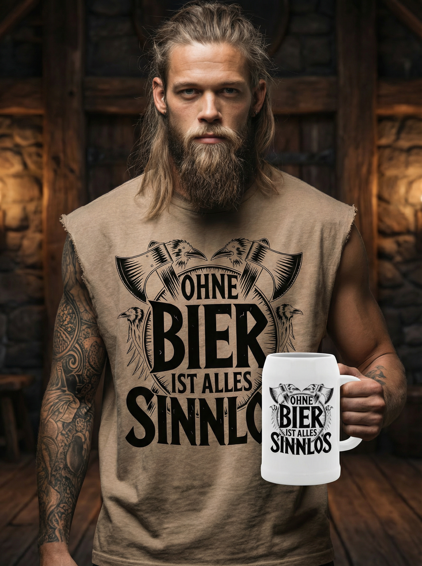 Ohne Bier ist alles Sinnlos - Wikinger Sparset – Oversize Sleeveless Shirt + Bierkrug im Bundle