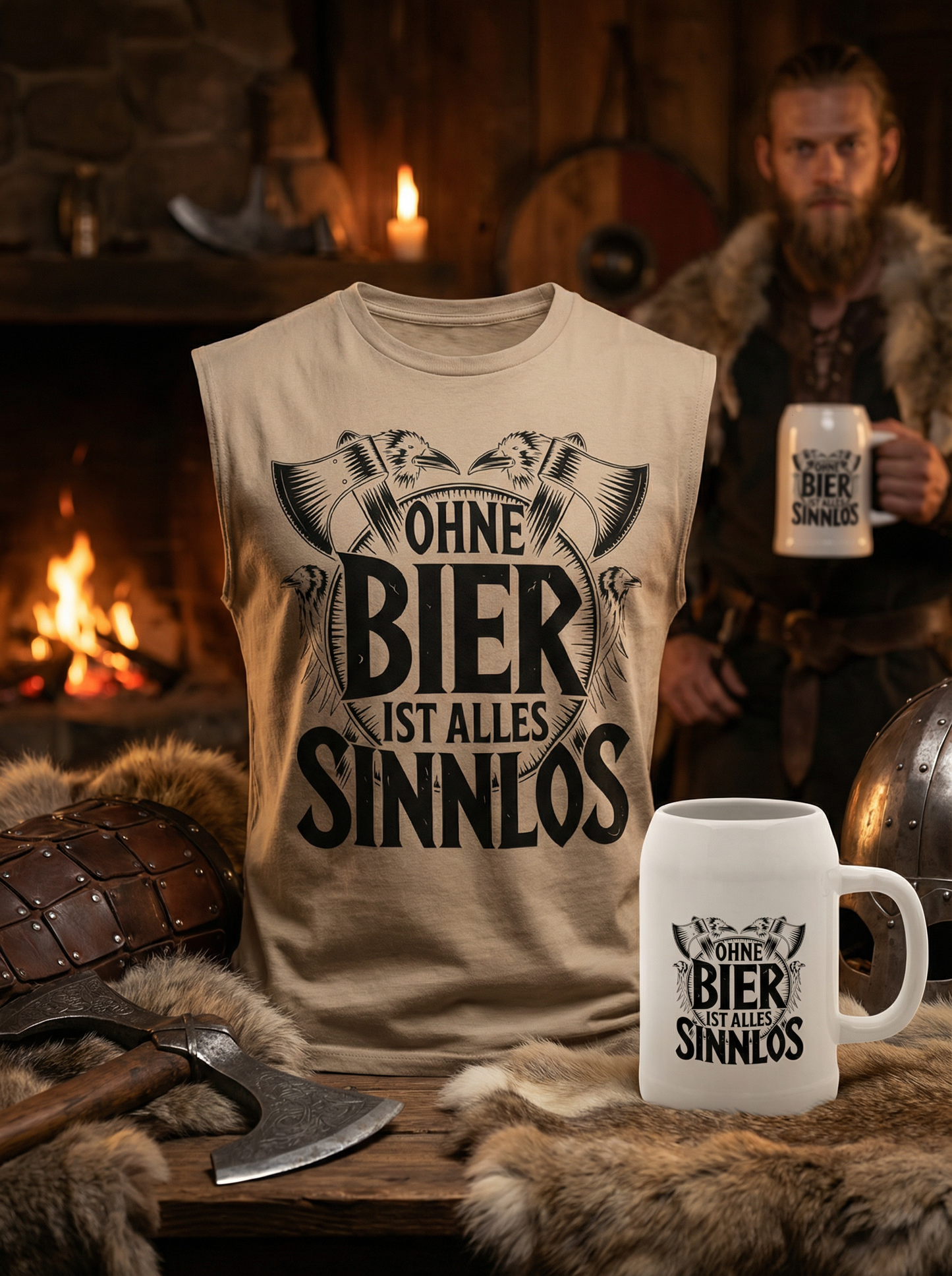 Ohne Bier ist alles Sinnlos - Wikinger Sparset – Oversize Sleeveless Shirt + Bierkrug im Bundle