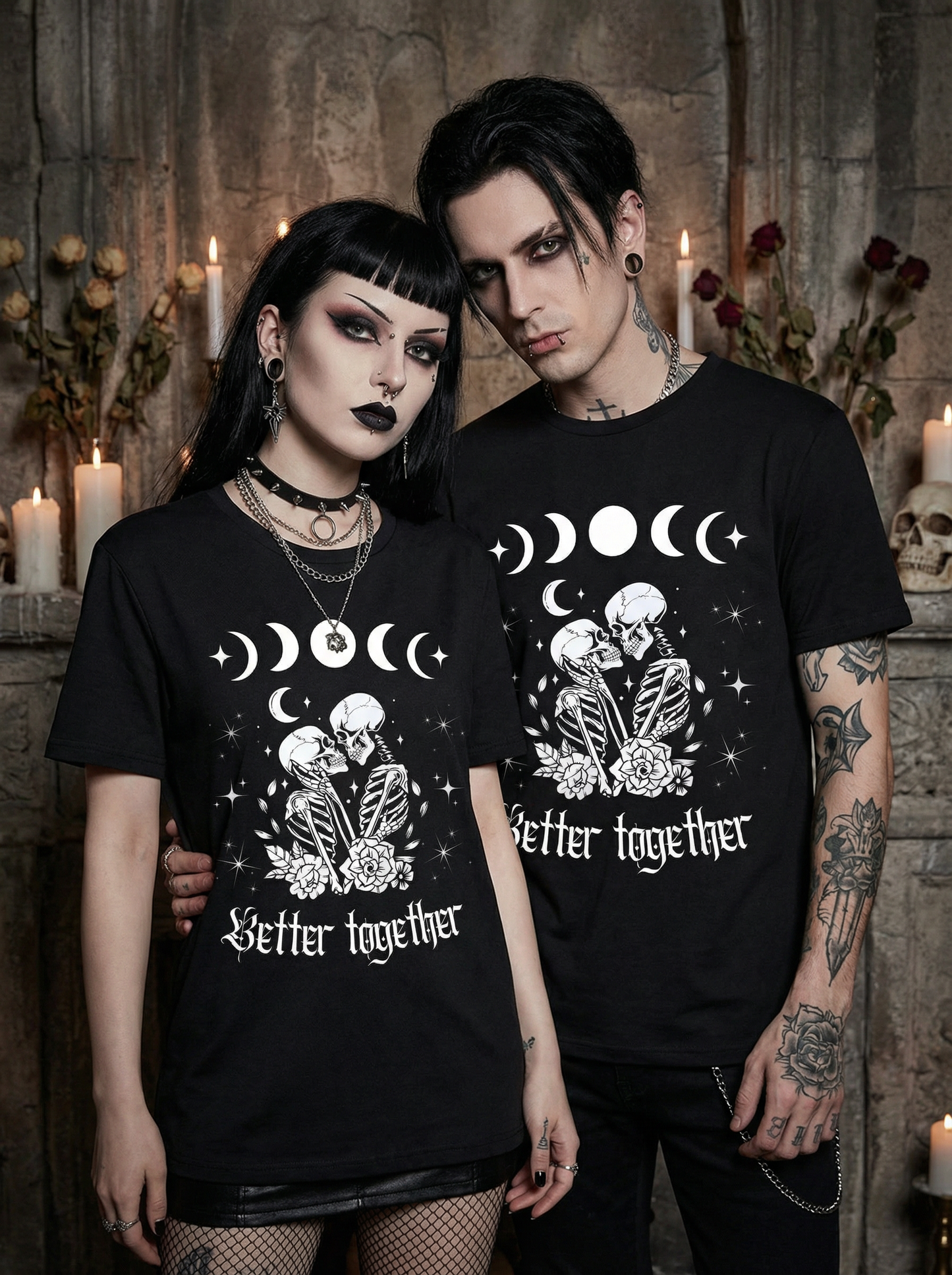 Better together Pärchen Gothic Skelett Partnerlook - T-Shirt Set für Pärchen