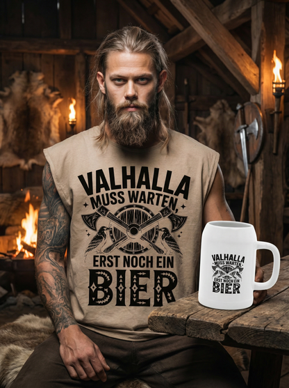 Valhalla muss warten erst noch ein Bier - Wikinger Sparset – Oversize Sleeveless Shirt + Bierkrug im Bundle