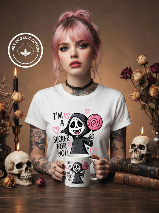 Gothic Bundle „I’m a sucker for you“ – Damen Bio T-Shirt + Tasse im Set