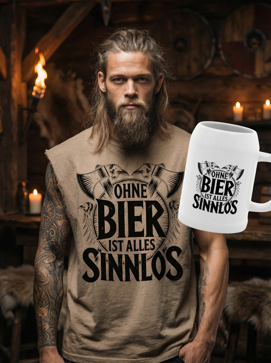Ohne Bier ist alles Sinnlos - Wikinger Sparset – Oversize Sleeveless Shirt + Bierkrug im Bundle
