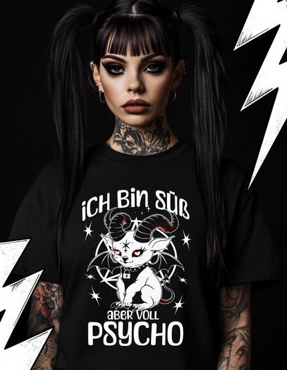 Baphomet Unisex Goth T-Shirt "Süß aber voll Psycho" Lustige und Sarkastisch