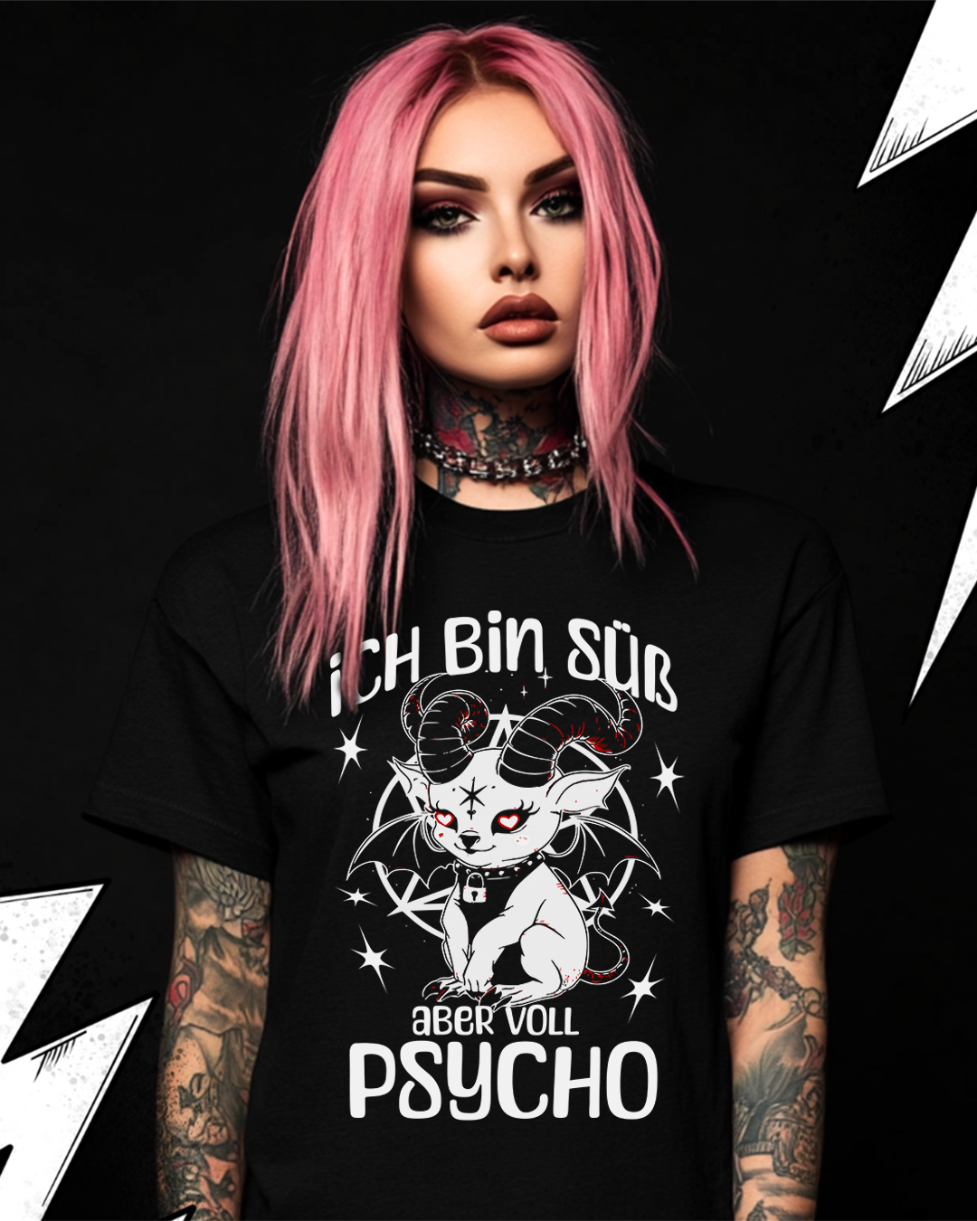 Baphomet Unisex Goth T-Shirt "Süß aber voll Psycho" Lustige und Sarkastisch