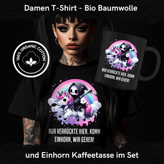 Nur verrückte hier komm Einhorn wir gehen - Organic Damen T-Shirt und Kaffeetasse Spar Set