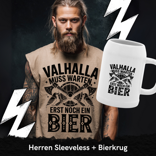 Valhalla muss warten erst noch ein Bier - Wikinger Sparset – Oversize Sleeveless Shirt + Bierkrug im Bundle