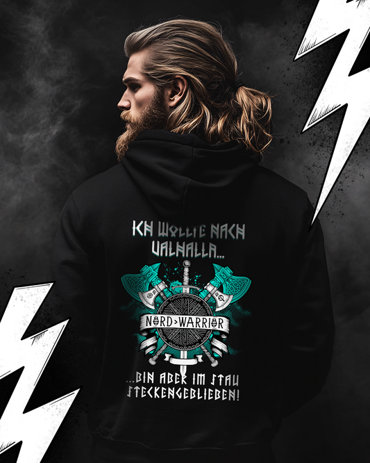 Premium Hoodie Unisex "Valhalla aber Stau" Witziger Wikinger Hoodie