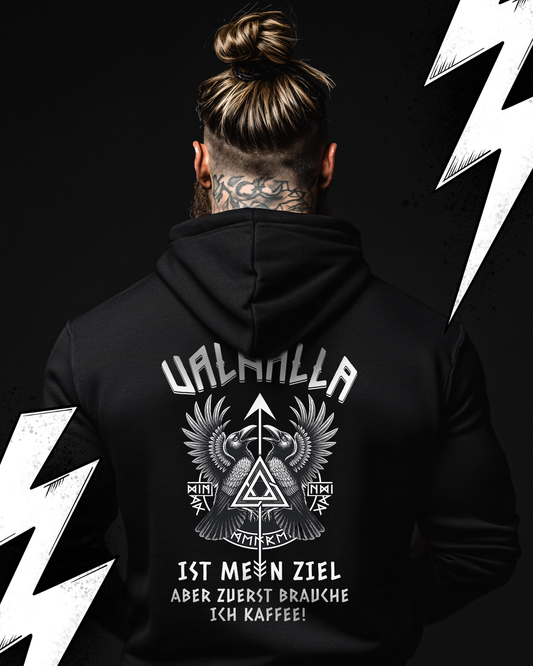 Premium Hoodie Unisex "Erst Kaffee dann Valhalla" Witziger Wikinger Hoodie