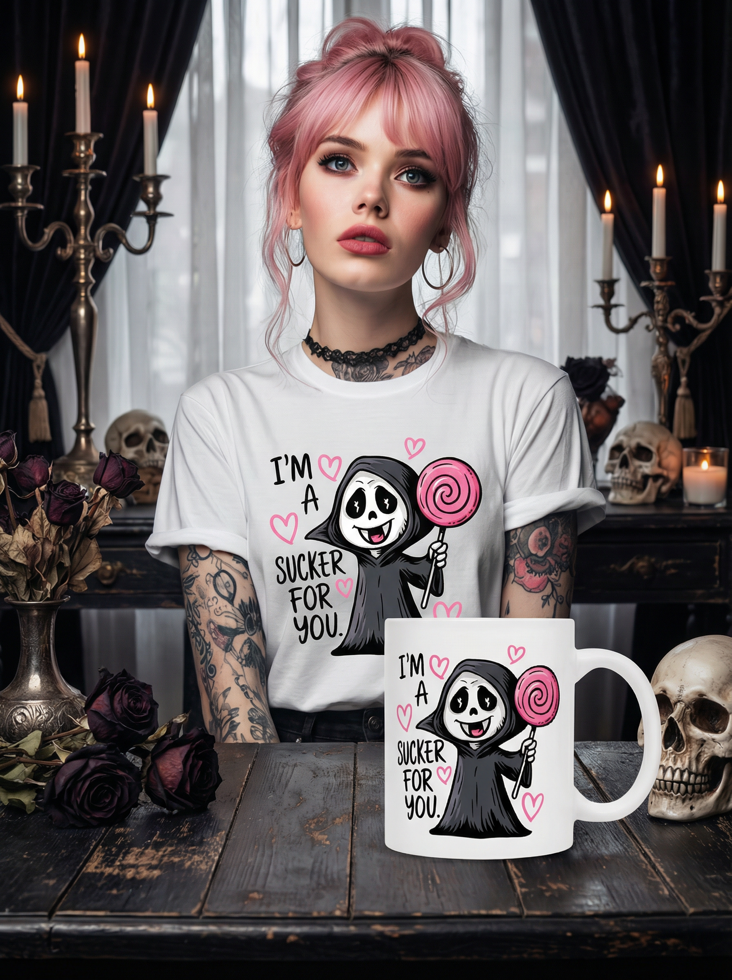 Gothic Bundle „I’m a sucker for you“ – Damen Bio T-Shirt + Tasse im Set