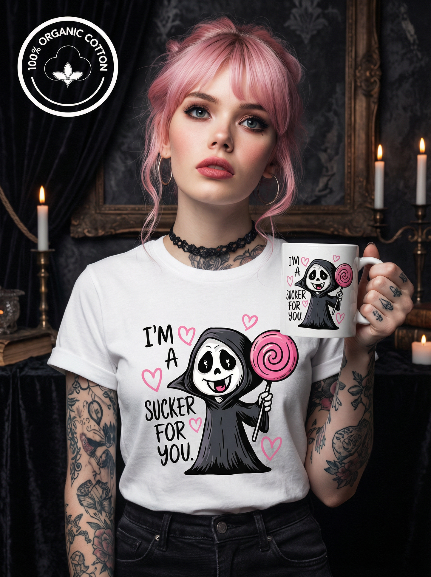 Gothic Bundle „I’m a sucker for you“ – Damen Bio T-Shirt + Tasse im Set