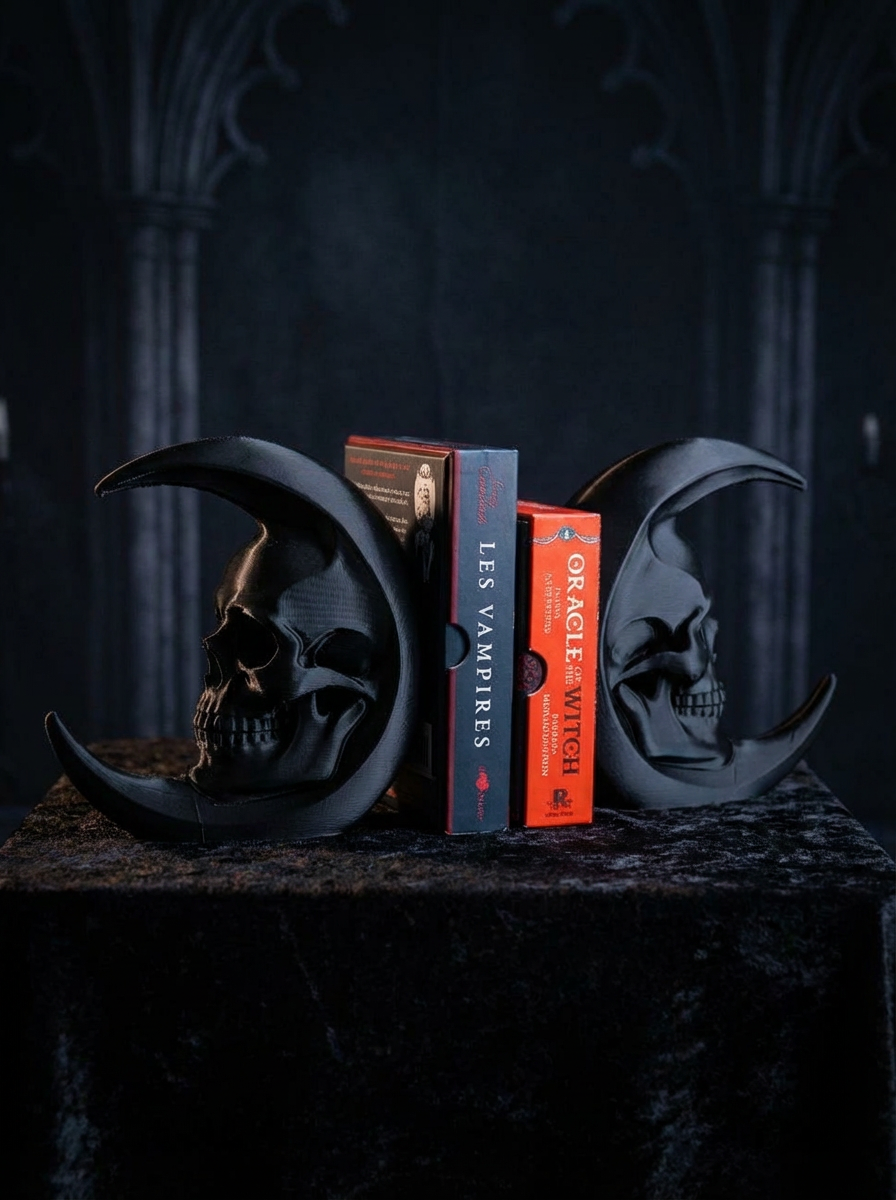 Gothic Totenschädel Buchstützen – Dark Moon Skull Bookends im Gothic Stil (3D-Druck)