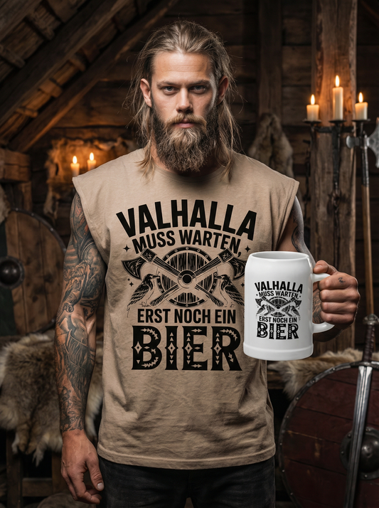 Valhalla muss warten erst noch ein Bier - Wikinger Sparset – Oversize Sleeveless Shirt + Bierkrug im Bundle