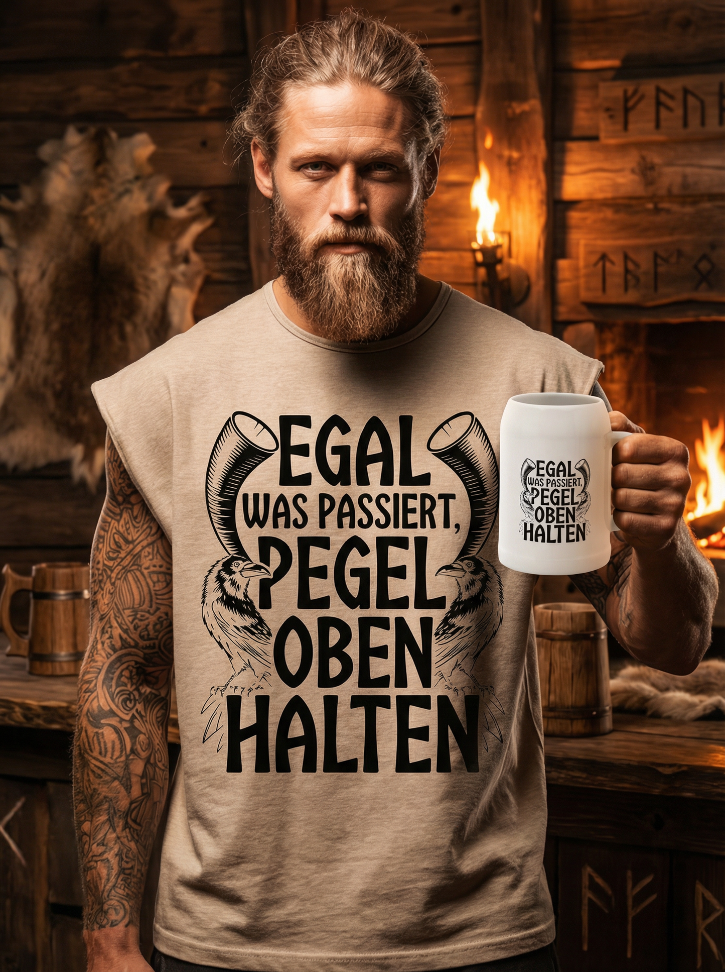 Egal was passiert Pegel oben halten - Wikinger Sparset – Oversize Sleeveless Shirt + Bierkrug im Bundle