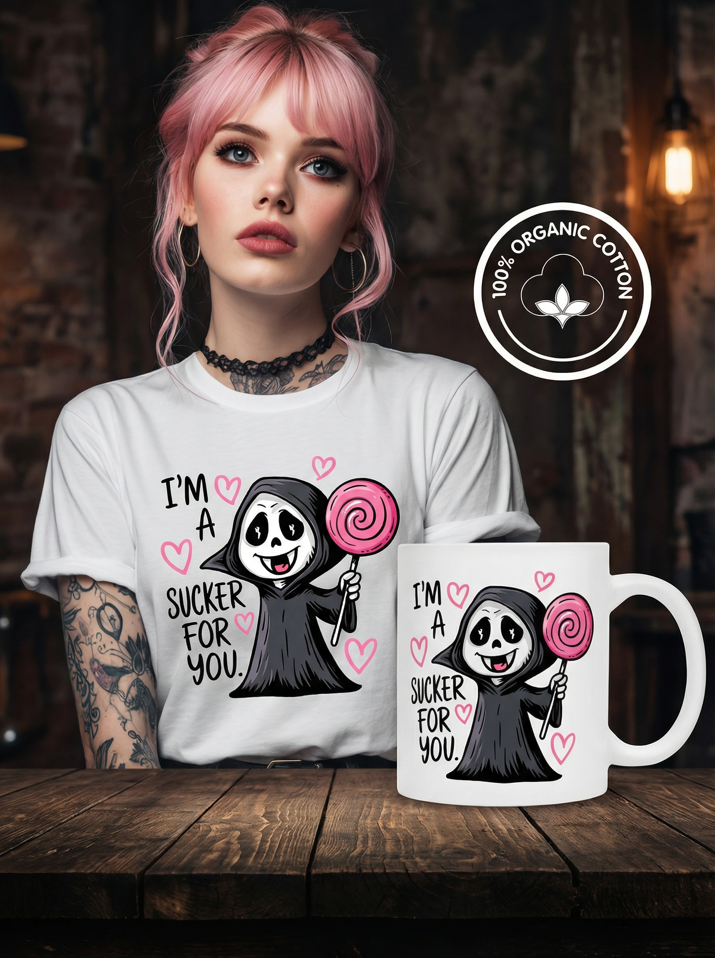 Gothic Bundle „I’m a sucker for you“ – Damen Bio T-Shirt + Tasse im Set