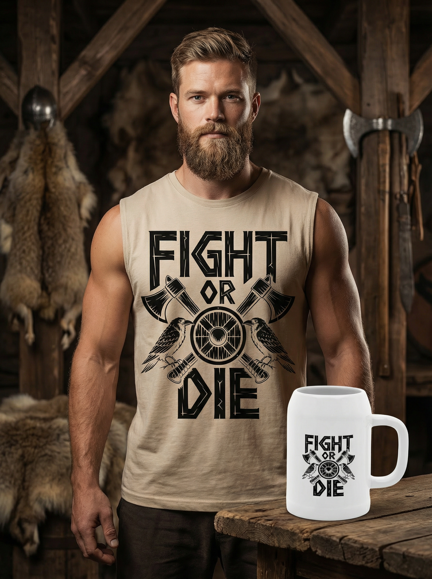 Fight or Die - Wikinger Sparset – Oversize Sleeveless Shirt + Bierkrug im Bundle