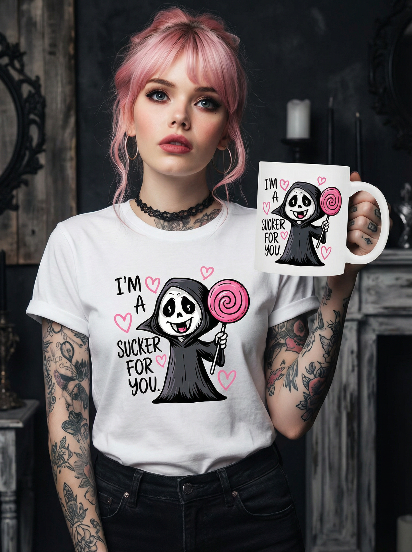 Gothic Bundle „I’m a sucker for you“ – Damen Bio T-Shirt + Tasse im Set