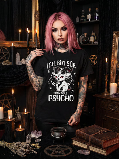 Baphomet Unisex Goth T-Shirt "Süß aber voll Psycho" Lustige und Sarkastisch