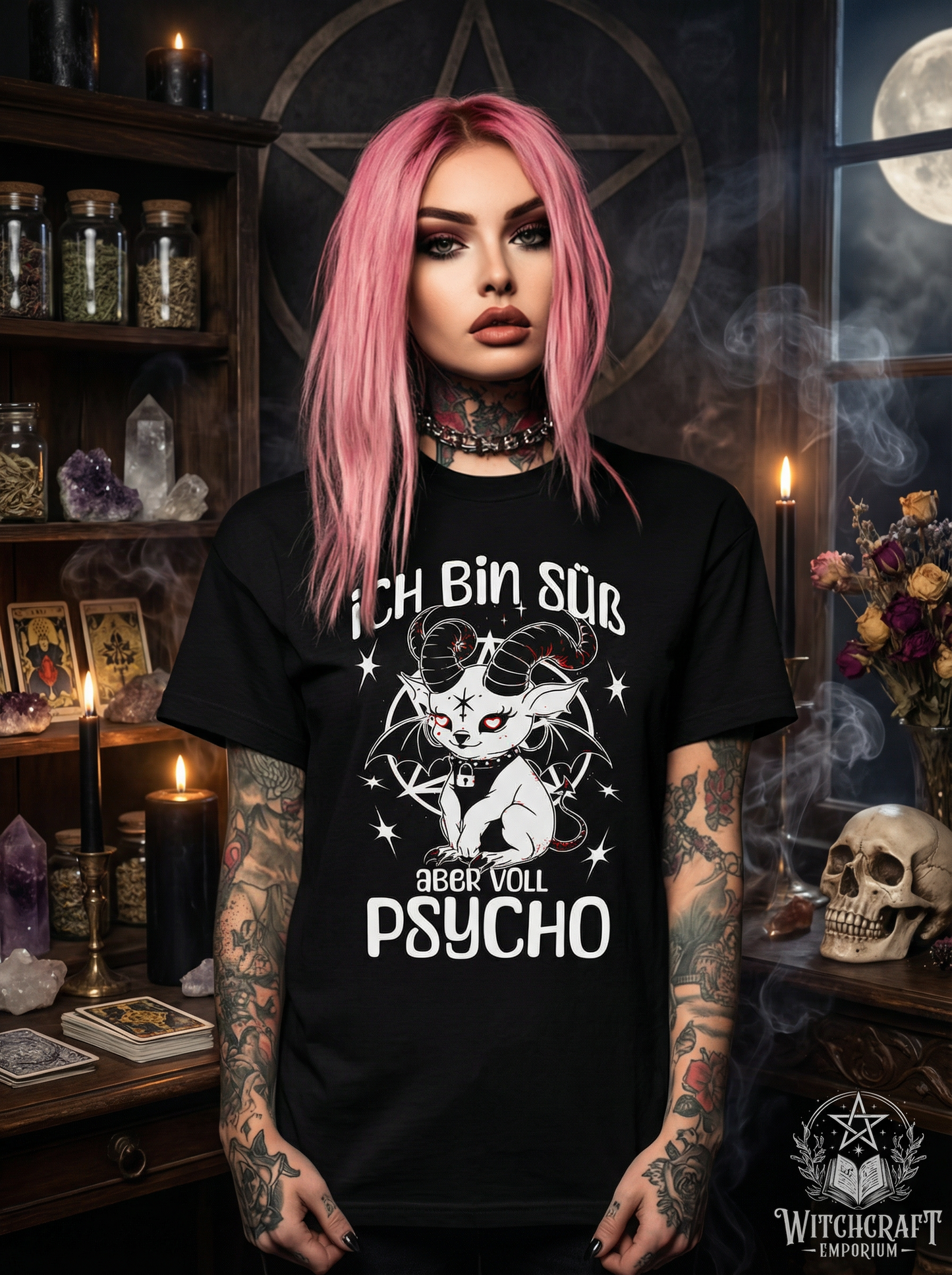 Baphomet Unisex Goth T-Shirt "Süß aber voll Psycho" Lustige und Sarkastisch