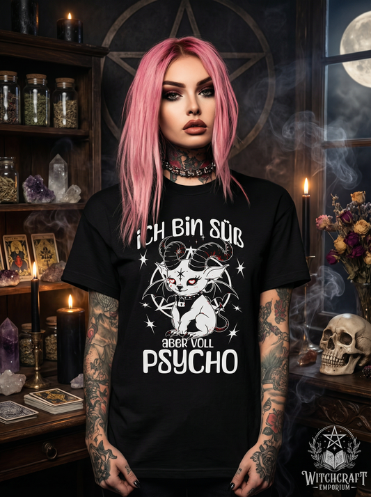 Baphomet Unisex Goth T-Shirt "Süß aber voll Psycho" Lustige und Sarkastisch