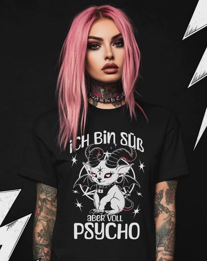 Baphomet Unisex Goth T-Shirt "Süß aber voll Psycho" Lustige und Sarkastisch