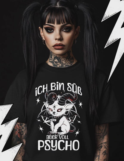 Baphomet Unisex Goth T-Shirt "Süß aber voll Psycho" Lustige und Sarkastisch
